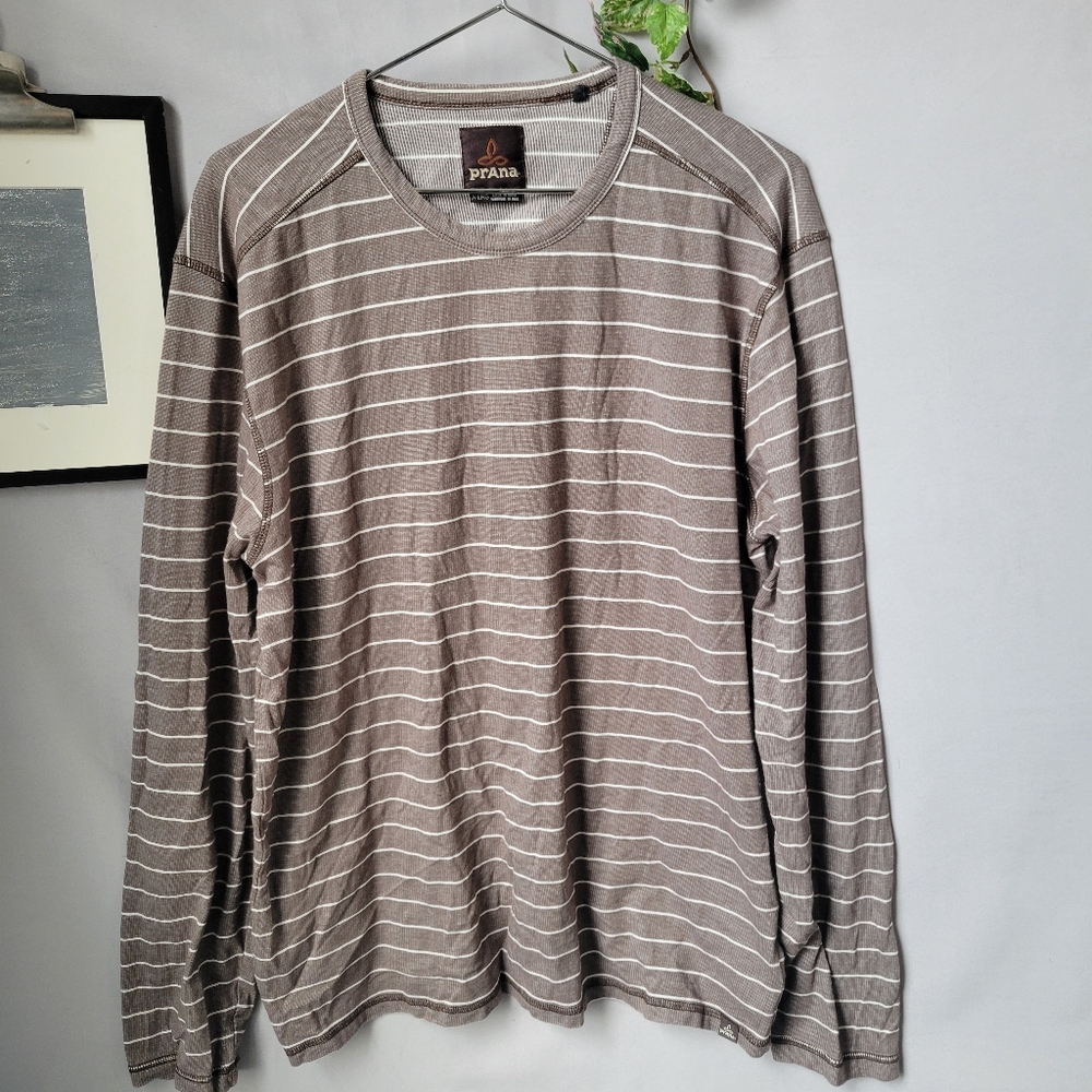 Prana Keller Long Sleeve Stripe Pullover Crew Neck Tee Khaki XL
